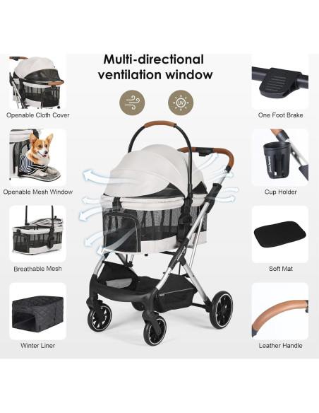 Carrito para Mascotas BEBEROAD T6 Plegable hasta 30kg Beige