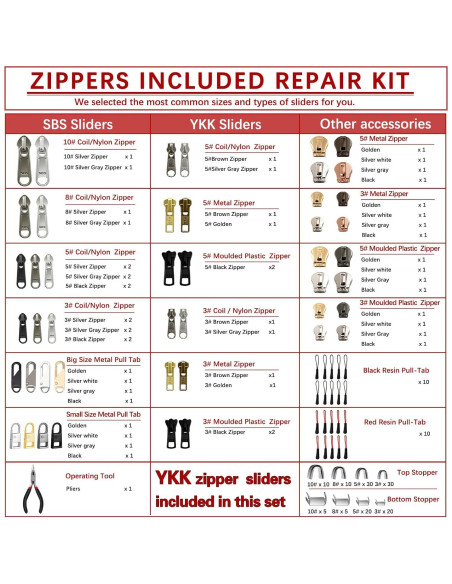 Kit de Reparación de Cremallera VICHERIA 200 Pcs - Deslizadores YKK y Universales