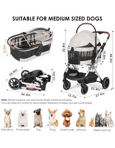 Carrito para Mascotas BEBEROAD T6 Plegable hasta 30kg Beige