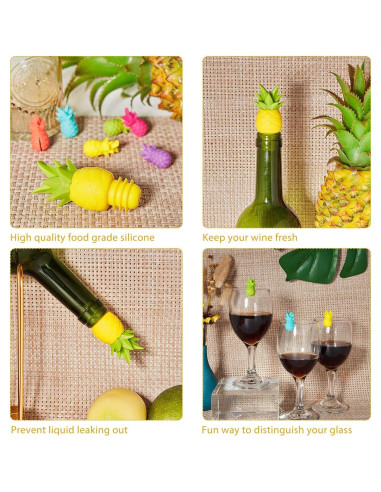 14 Piezas Tapones y Marcadores de Vino Silicona Piña Blulu