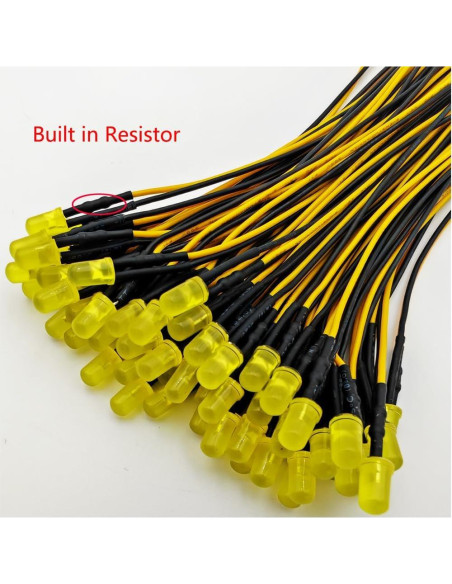 50 Luces LED Amarillas 5mm Gebildet 12VDC Preconectadas