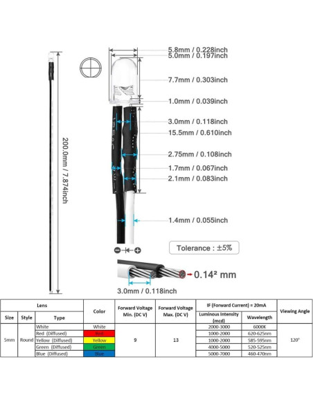 50 Luces LED Amarillas 5mm Gebildet 12VDC Preconectadas