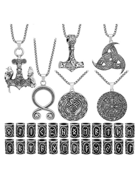 30 Piezas Collares Vikingos Fscwlmon con Runas y Martillo de Thor