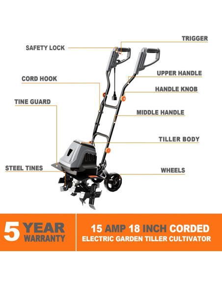 Cultivador Eléctrico Danero 15A 45.72cm 24 Púas Acero