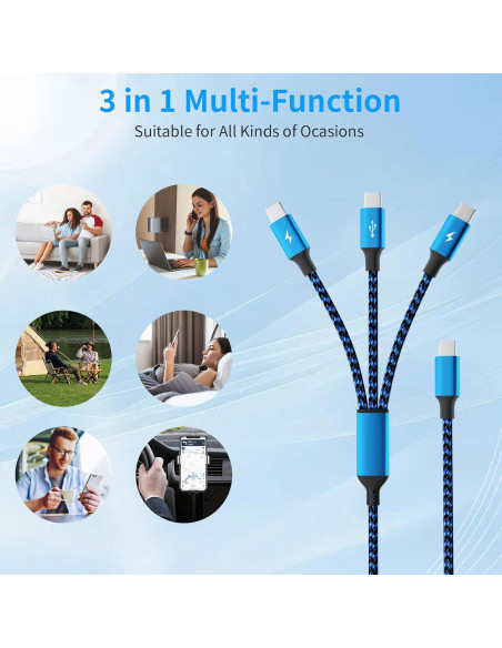 Cable Divisor USB C 3 en 1 Firsting 5FT Carga Rápida Azul Cable Divisor USB C 3 en 1 Firsting 5FT Carga Rápida Azul