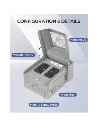 Caja de Enchufe Eléctrico Exterior WILAWELS GFCI 20A Impermeable