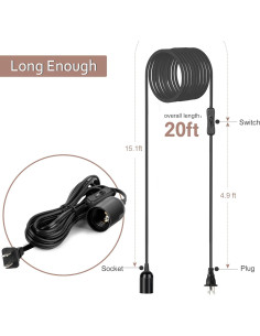 Cable de Lámpara Colgante JACKYLED 20 pies Negro E26 E27 2