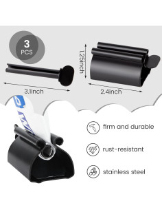Exprimidor de Pasta de Dientes LOVEINUSA 3PCS Acero Inoxidable Negro 2