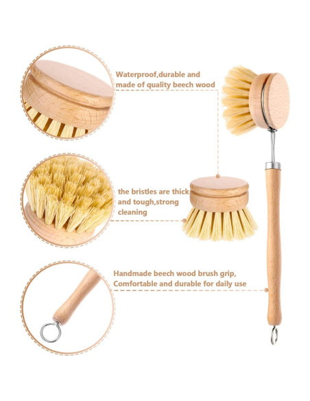 Cepillo de Platos Boao Natural con Mango de Madera y 2 Repuestos