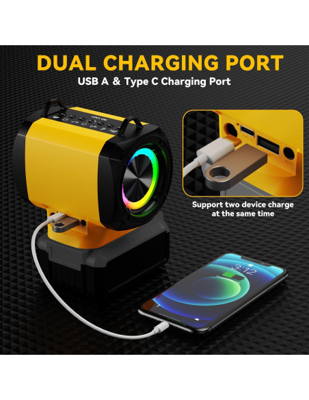 Altavoz Bluetooth Dewalt 20W con USB-C y luces LED