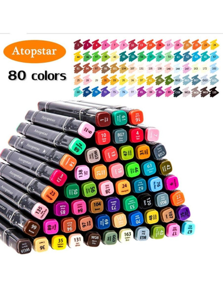 80 Marcadores de Alcohol ATOPSTAR Doble Punta Multicolor