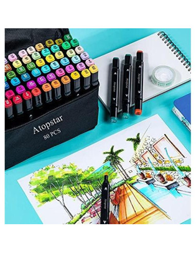 80 Marcadores de Alcohol ATOPSTAR Doble Punta Multicolor