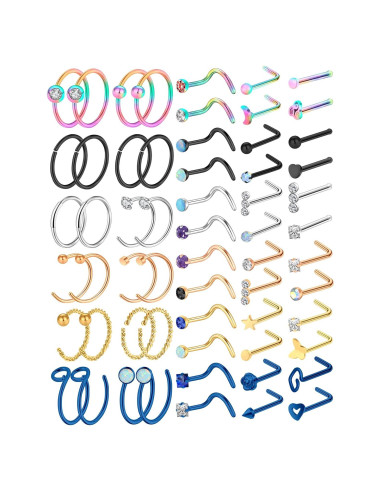 Hicdaw 60 Pcs Aros Nasales Acero Quirúrgico 20G Oro