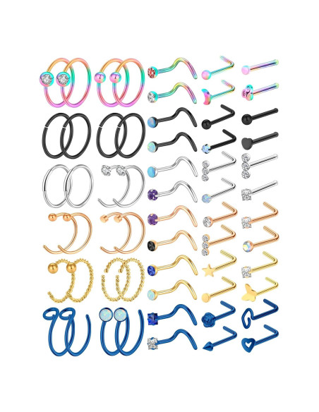 Hicdaw 60 Pcs Aros Nasales Acero Quirúrgico 20G Oro