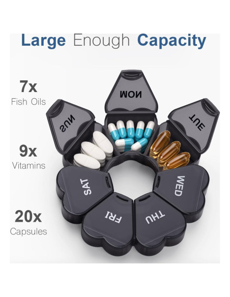 Organizador de Pastillas Semanal KAPENS Negro 7 Compartimentos