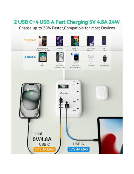 Toma de Corriente de Viaje Alitayee 6 USB 24W 1.83m Toma de Corriente de Viaje Alitayee 6 USB 24W 1.83m