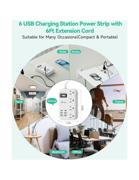 Toma de Corriente de Viaje Alitayee 6 USB 24W 1.83m Toma de Corriente de Viaje Alitayee 6 USB 24W 1.83m