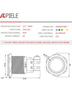 Interruptor de Botón Momentáneo APIELE 19mm LED Azul Aluminio 2