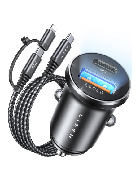 Cargador de Coche USB C LISEN 36W con Cable 2 en 1 Negro
