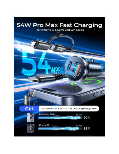 Cargador de Coche USB C LISEN 36W con Cable 2 en 1 Negro