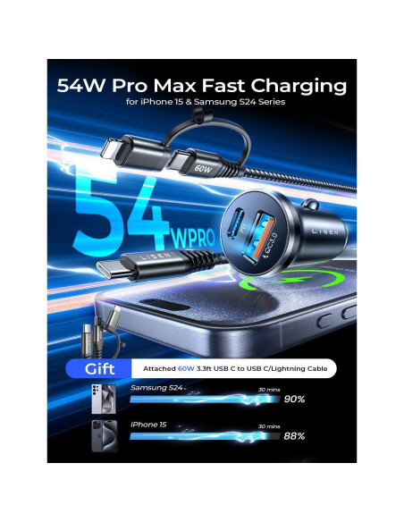 Cargador de Coche USB C LISEN 36W con Cable 2 en 1 Negro
