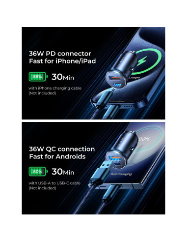 Cargador de Coche USB C LISEN 36W con Cable 2 en 1 Negro