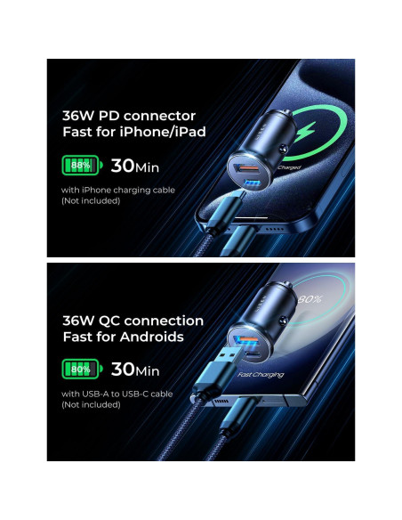 Cargador de Coche USB C LISEN 36W con Cable 2 en 1 Negro
