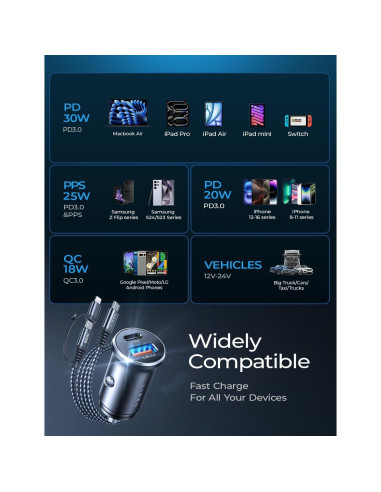 Cargador de Coche USB C LISEN 36W con Cable 2 en 1 Negro