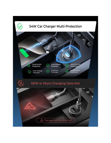 Cargador de Coche USB C LISEN 36W con Cable 2 en 1 Negro