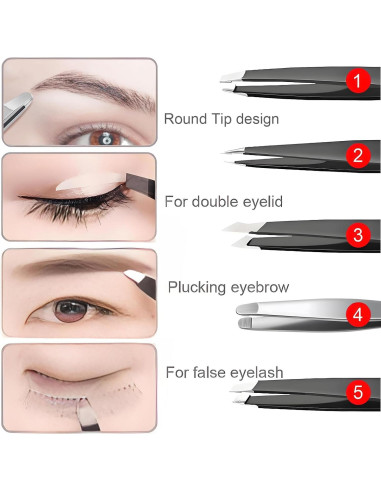 Set de Pinzas de Cejas BAILALIBO 5 Piezas Acero Inoxidable