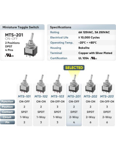 Paquete de 6 Interruptores de Palanca Miniatura MTS-201 6A 2
