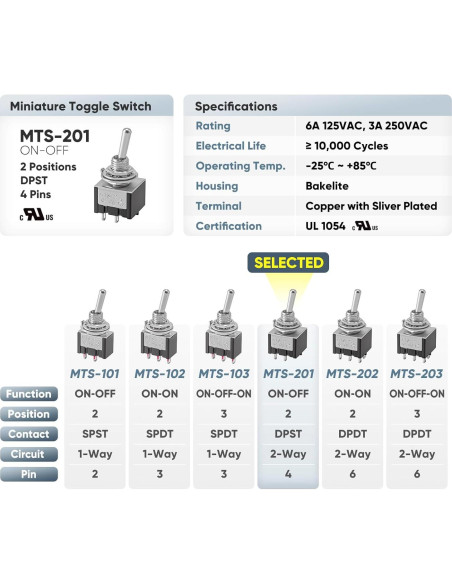 Paquete de 6 Interruptores de Palanca Miniatura MTS-201 6A