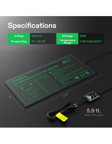 Alfombrilla Térmica para Plántulas VIVOSUN 10x52 cm con Termostato