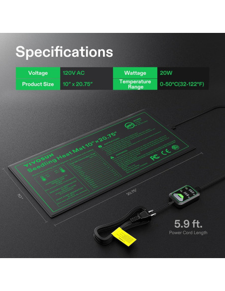 Alfombrilla Térmica para Plántulas VIVOSUN 10x52 cm con Termostato