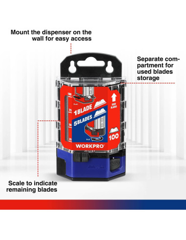 Cuchillas Utility WORKPRO 100 Piezas Acero SK5 Dispensador