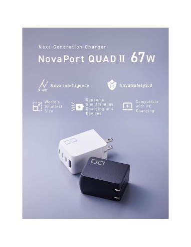 Cargador GaN CIO NovaPort 67W 4 Puertos USB-C y USB-A Negro
