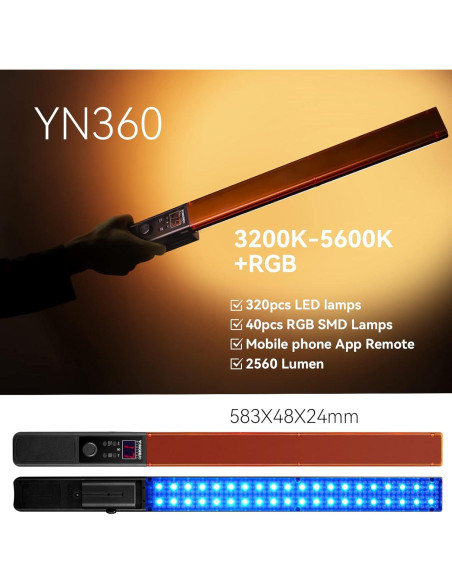 Luz de Video LED YONGNUO YN360 RGB 3200K-5600K con Soporte 190cm Luz de Video LED YONGNUO YN360 RGB 3200K-5600K con Soporte 190cm