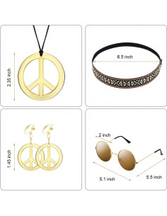 Conjunto Disfraz Hippie 4 Piezas WILLBOND - Gafas, Collar, Pendientes, Diadema 2