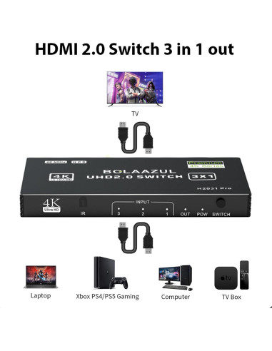 Interruptor HDMI 3 en 1 BolAAzuL 4K@60Hz con Control Remoto