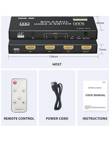 Interruptor HDMI 3 en 1 BolAAzuL 4K@60Hz con Control Remoto