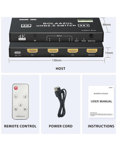 Interruptor HDMI 3 en 1 BolAAzuL 4K@60Hz con Control Remoto