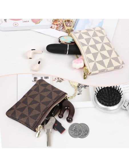 2 Monederos Mini VZZNN con Cremallera para Mujeres Café y Blanco