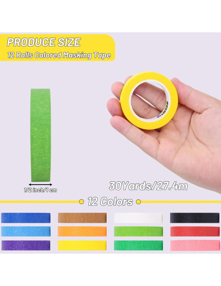 12 Rollos de Cinta de Enmascarar de Colores 12.7mm x 27.43m