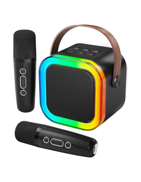 Mini Máquina de Karaoke Bluetooth Portátil con 2 Micrófonos - Negro