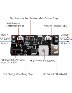 Convertidor Buck DROK 12V a 5V USB 6A Carga Rápida 2
