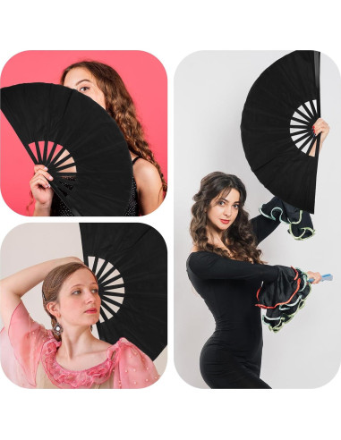Paquete de 4 Abanicos Plegables de Mano MBAIYO 65 cm Negro