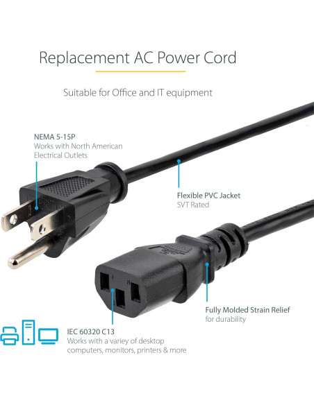 Cable de Alimentación AC StarTech.com 10 pies 18AWG 10A 125V