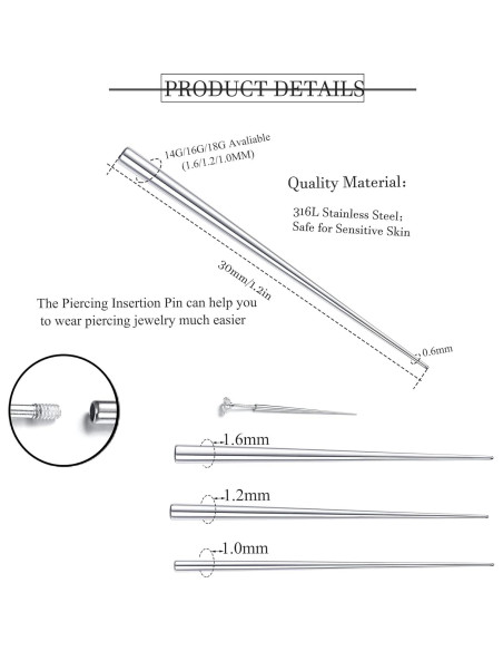 Kit de Piercing Besteel 3 Pcs Acero Quirúrgico 14G 16G 18G