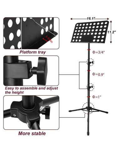 Soporte de Partituras Ajustable Metal 33-144 cm con Bolsa