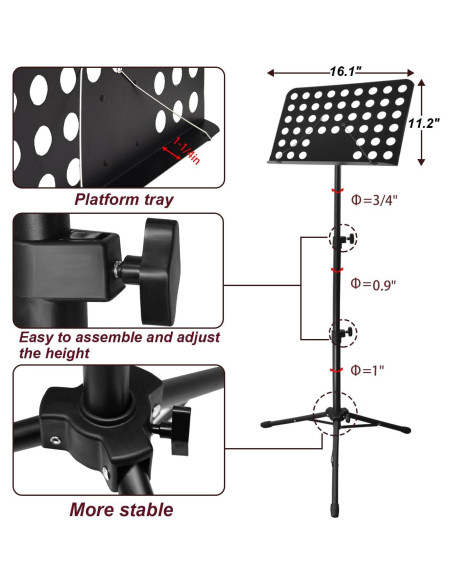 Soporte de Partituras Ajustable Metal 33-144 cm con Bolsa